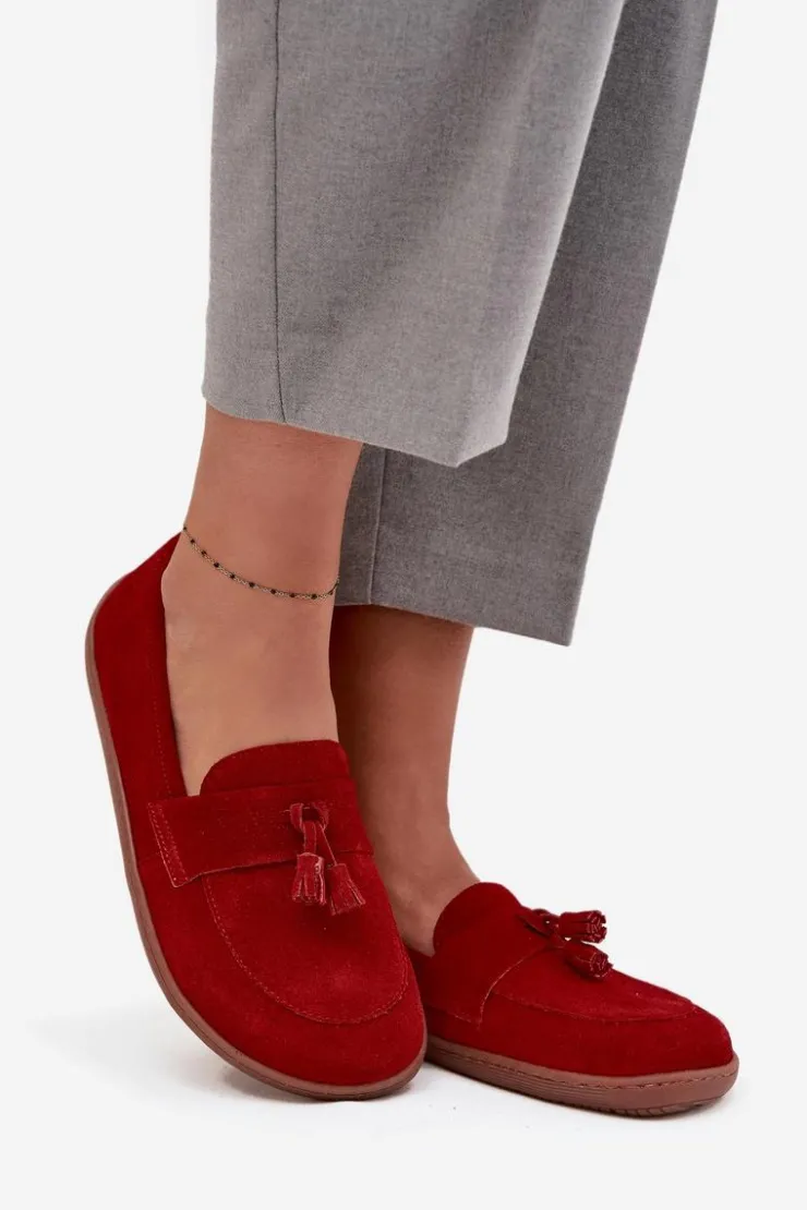 Zazoo Mokasyny Damskie Zamszowe|Barefoot*Skórzane Zamszowe Mokasyny Typu Barefoot 322 Czerwone Czerwony