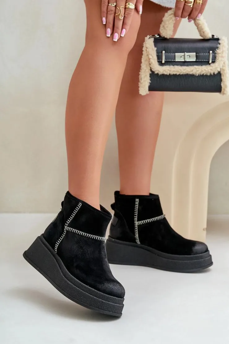Maciejka Śniegowce Damskie*Skórzane Zamszowe Śniegowce Botki Na Platformie I Koturnie 06769-01 Czarne Czarny