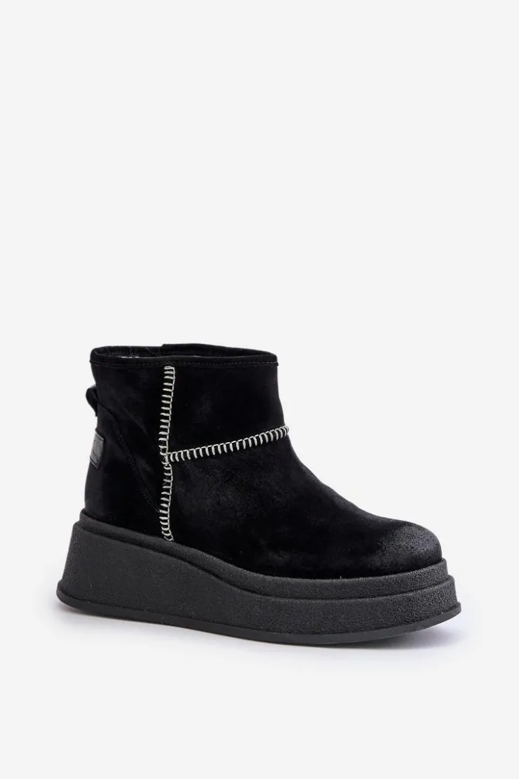 Maciejka Śniegowce Damskie*Skórzane Zamszowe Śniegowce Botki Na Platformie I Koturnie 06769-01 Czarne Czarny
