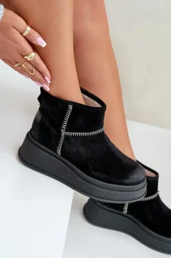 Maciejka Śniegowce Damskie*Skórzane Zamszowe Śniegowce Botki Na Platformie I Koturnie 06769-01 Czarne Czarny
