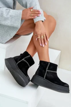 Maciejka Śniegowce Damskie*Skórzane Zamszowe Śniegowce Botki Na Platformie I Koturnie 06769-01 Czarne Czarny