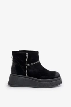 Maciejka Śniegowce Damskie*Skórzane Zamszowe Śniegowce Botki Na Platformie I Koturnie 06769-01 Czarne Czarny