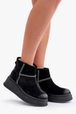 Maciejka Śniegowce Damskie*Skórzane Zamszowe Śniegowce Botki Na Platformie I Koturnie 06769-01 Czarne Czarny