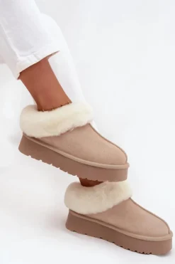 Boto Skórzane Zamszowe Śniegowce Damskie Z Futerkiem Beżowe Mivelle Beżowy