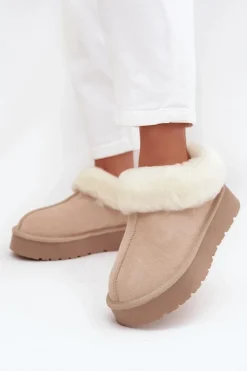 Boto Skórzane Zamszowe Śniegowce Damskie Z Futerkiem Beżowe Mivelle Beżowy