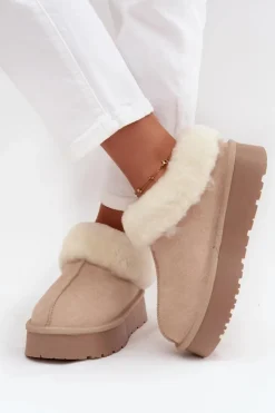 Boto Skórzane Zamszowe Śniegowce Damskie Z Futerkiem Beżowe Mivelle Beżowy