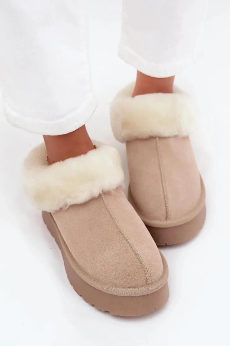 Boto Skórzane Zamszowe Śniegowce Damskie Z Futerkiem Beżowe Mivelle Beżowy