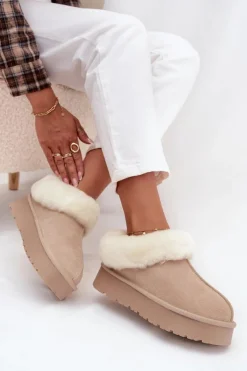 Boto Skórzane Zamszowe Śniegowce Damskie Z Futerkiem Beżowe Mivelle Beżowy