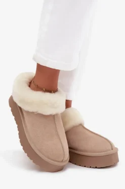 Boto Skórzane Zamszowe Śniegowce Damskie Z Futerkiem Beżowe Mivelle Beżowy