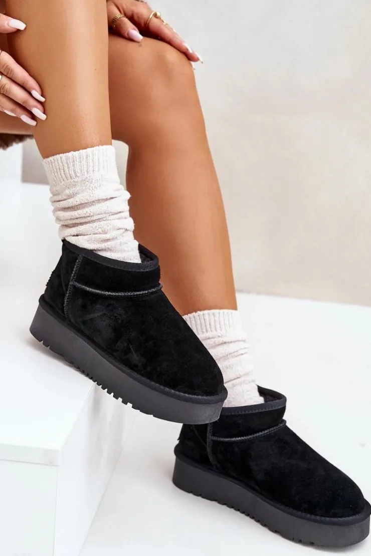 Outlet Boto Skórzane Zamszowe Śniegowce Na Platformie Czarne Nereviana Czarny