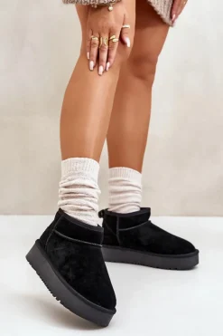 Outlet Boto Skórzane Zamszowe Śniegowce Na Platformie Czarne Nereviana Czarny