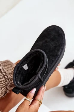 Outlet Boto Skórzane Zamszowe Śniegowce Na Platformie Czarne Nereviana Czarny