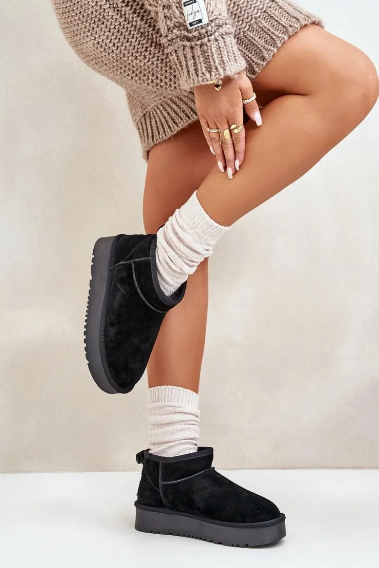 Outlet Boto Skórzane Zamszowe Śniegowce Na Platformie Czarne Nereviana Czarny