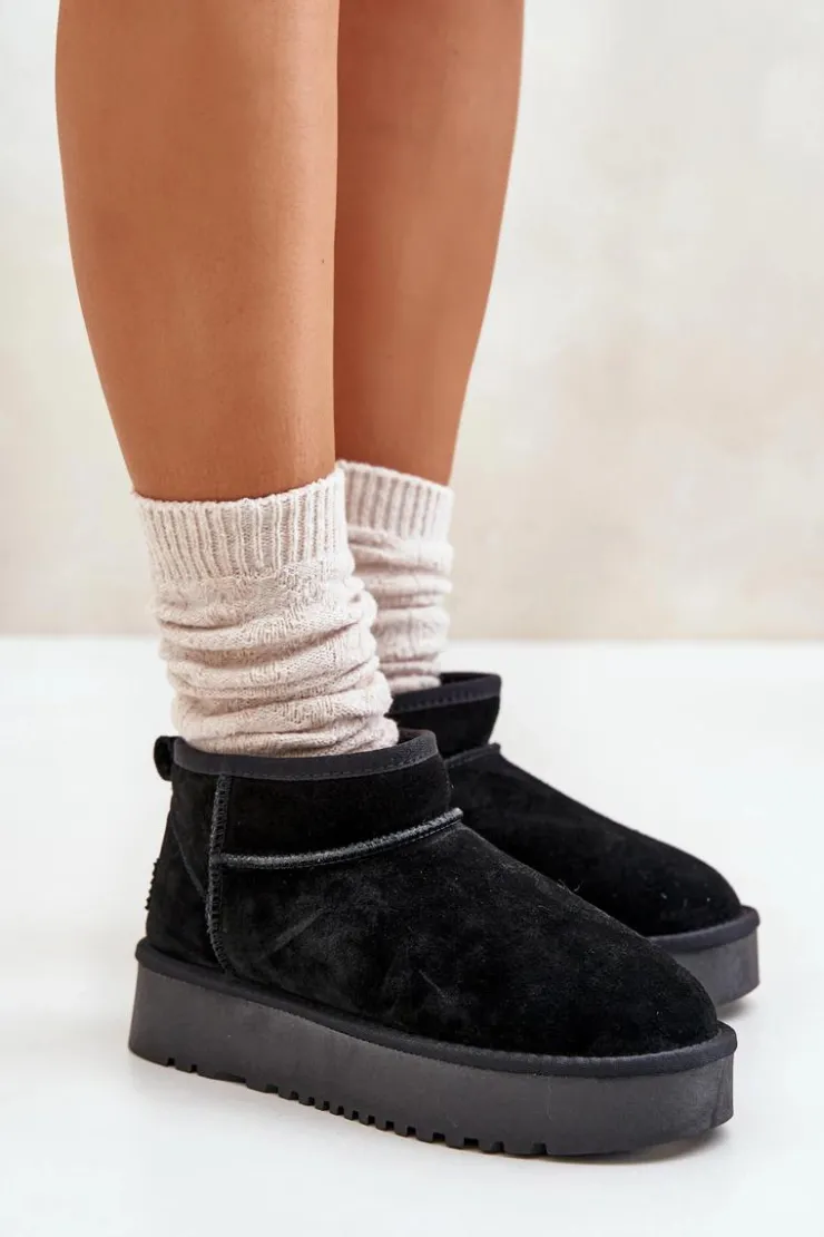Outlet Boto Skórzane Zamszowe Śniegowce Na Platformie Czarne Nereviana Czarny