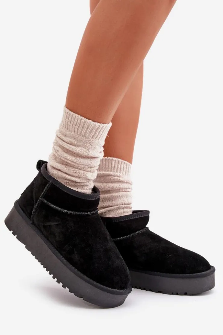 Outlet Boto Skórzane Zamszowe Śniegowce Na Platformie Czarne Nereviana Czarny
