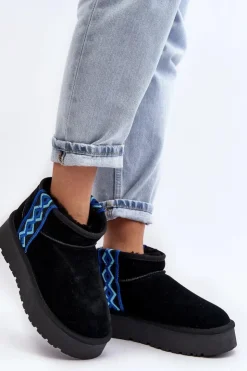 Sale Boto Skórzane Zamszowe Śniegowce Damskie Na Grubej Podeszwie Czarne Vebissat