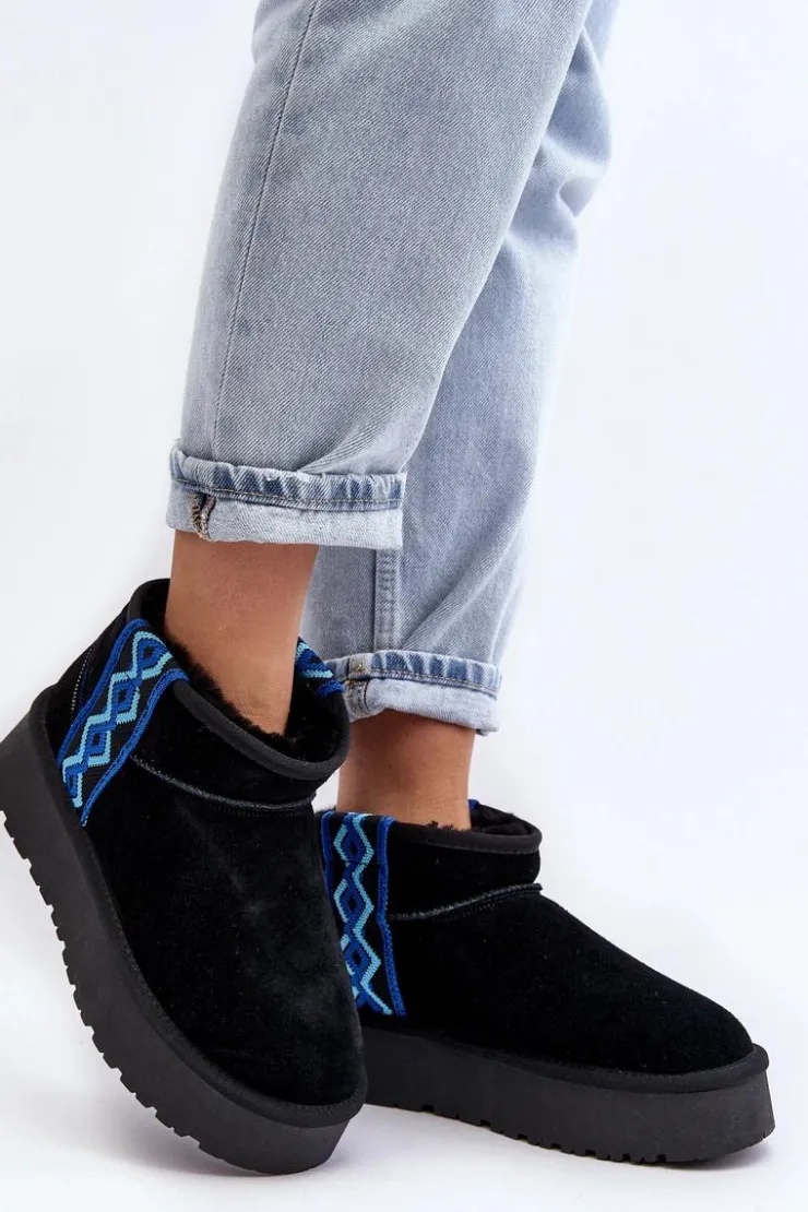 Sale Boto Skórzane Zamszowe Śniegowce Damskie Na Grubej Podeszwie Czarne Vebissat