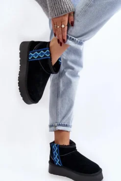 Sale Boto Skórzane Zamszowe Śniegowce Damskie Na Grubej Podeszwie Czarne Vebissat