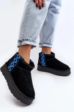 Sale Boto Skórzane Zamszowe Śniegowce Damskie Na Grubej Podeszwie Czarne Vebissat