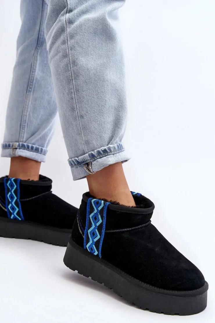 Sale Boto Skórzane Zamszowe Śniegowce Damskie Na Grubej Podeszwie Czarne Vebissat