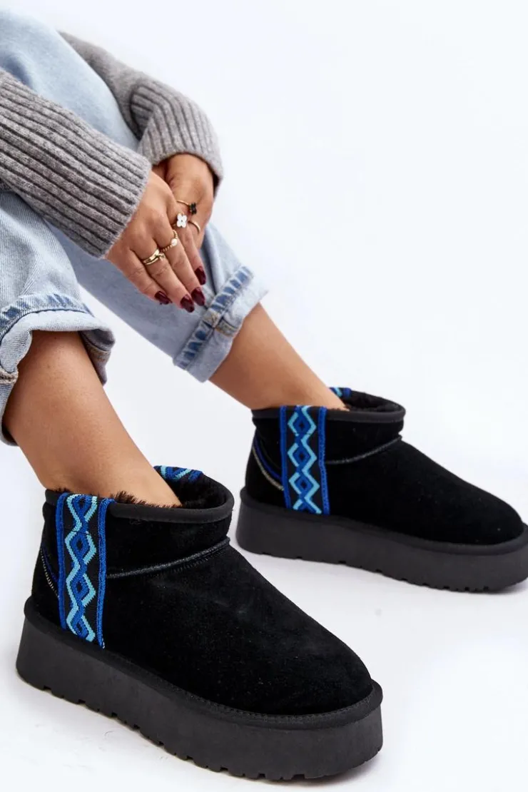 Sale Boto Skórzane Zamszowe Śniegowce Damskie Na Grubej Podeszwie Czarne Vebissat