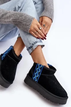 Sale Boto Skórzane Zamszowe Śniegowce Damskie Na Grubej Podeszwie Czarne Vebissat