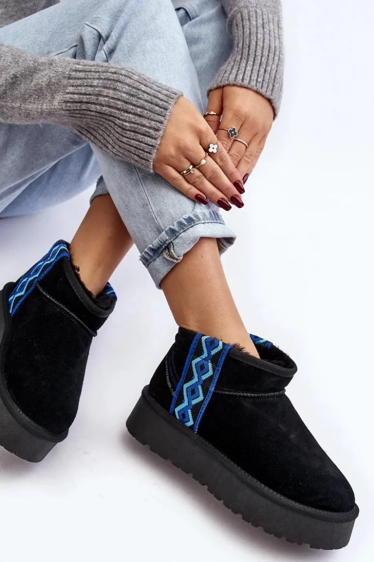 Sale Boto Skórzane Zamszowe Śniegowce Damskie Na Grubej Podeszwie Czarne Vebissat