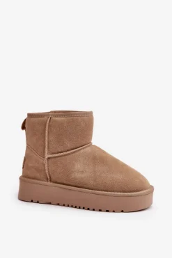 Boto Śniegowce Damskie*Skórzane Zamszowe Śniegowce Na Platformie Za Kostkę Beżowe Rianaella Beżowy