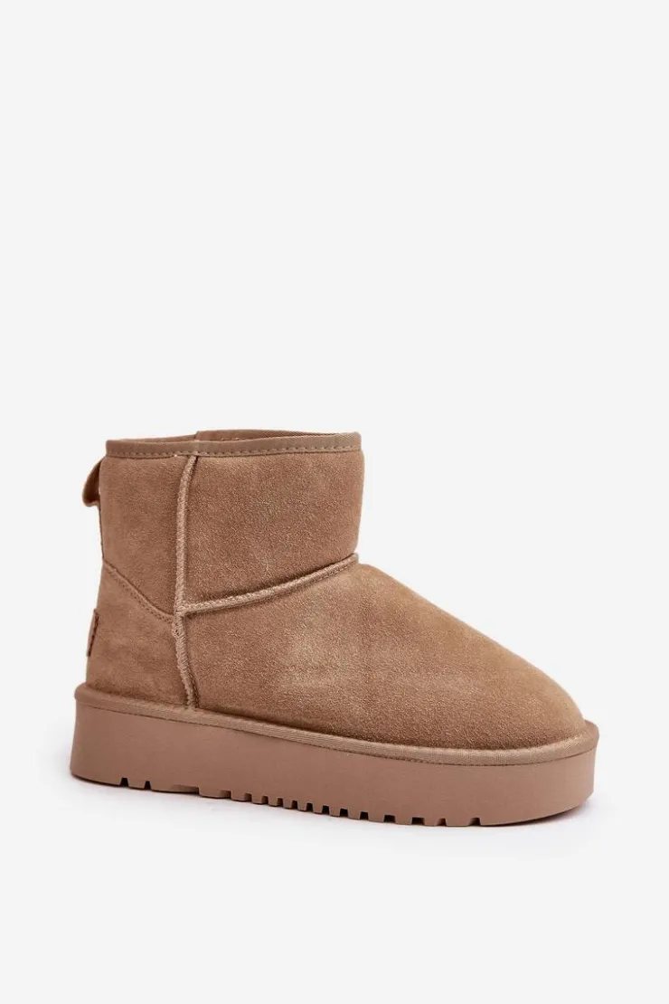 Boto Śniegowce Damskie*Skórzane Zamszowe Śniegowce Na Platformie Za Kostkę Beżowe Rianaella Beżowy