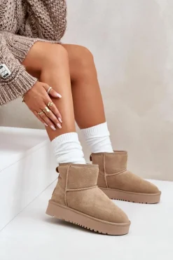 Boto Śniegowce Damskie*Skórzane Zamszowe Śniegowce Na Platformie Za Kostkę Beżowe Rianaella Beżowy