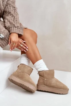 Boto Śniegowce Damskie*Skórzane Zamszowe Śniegowce Na Platformie Za Kostkę Beżowe Rianaella Beżowy