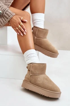 Boto Śniegowce Damskie*Skórzane Zamszowe Śniegowce Na Platformie Za Kostkę Beżowe Rianaella Beżowy