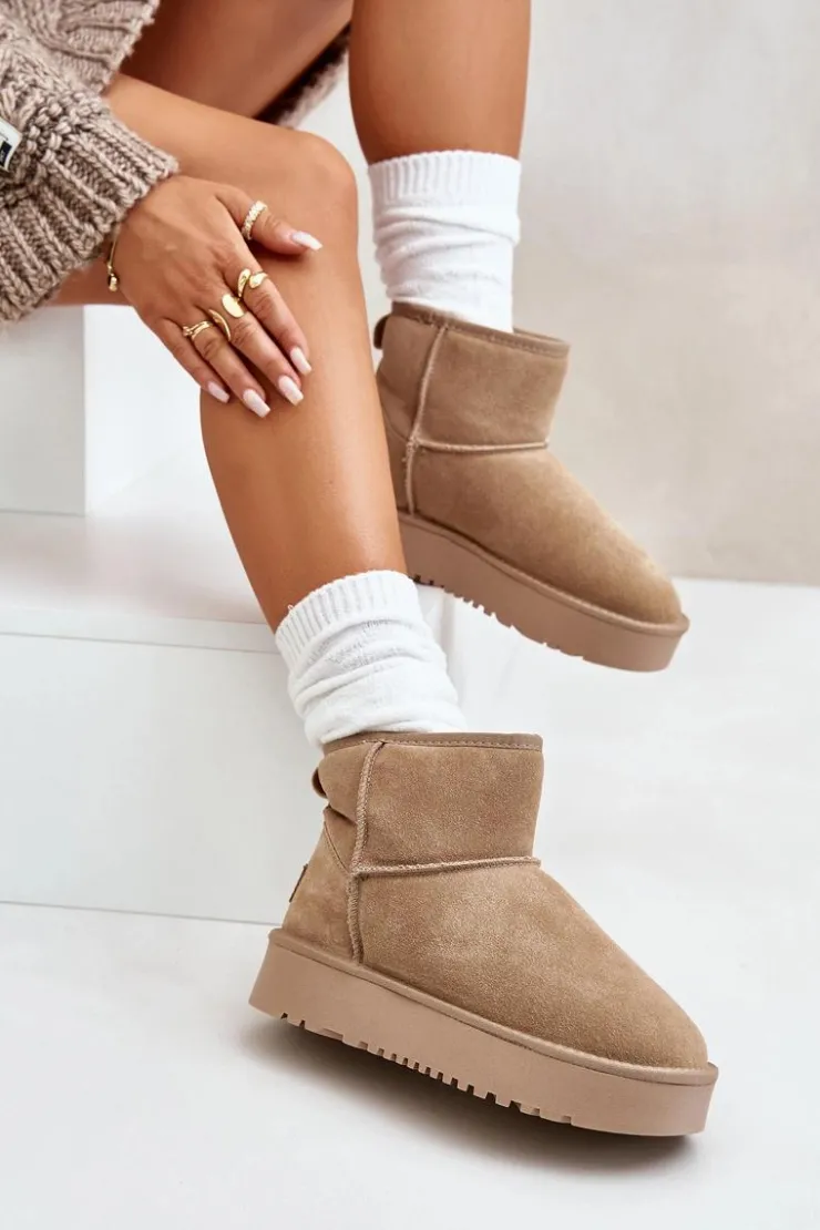 Boto Śniegowce Damskie*Skórzane Zamszowe Śniegowce Na Platformie Za Kostkę Beżowe Rianaella Beżowy