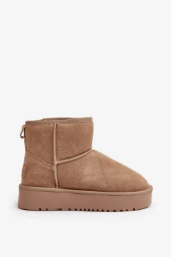 Boto Śniegowce Damskie*Skórzane Zamszowe Śniegowce Na Platformie Za Kostkę Beżowe Rianaella Beżowy