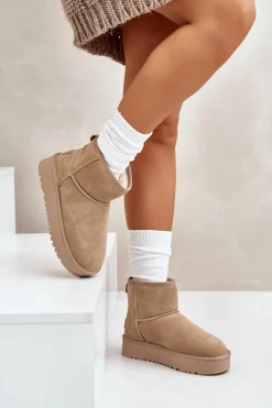 Boto Śniegowce Damskie*Skórzane Zamszowe Śniegowce Na Platformie Za Kostkę Beżowe Rianaella Beżowy