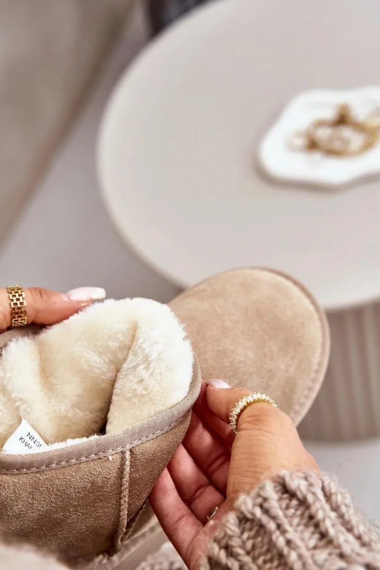 Boto Śniegowce Damskie*Skórzane Zamszowe Śniegowce Na Platformie Za Kostkę Beżowe Rianaella Beżowy