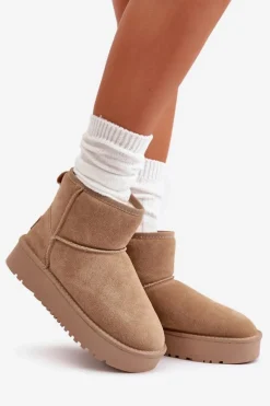 Boto Śniegowce Damskie*Skórzane Zamszowe Śniegowce Na Platformie Za Kostkę Beżowe Rianaella Beżowy