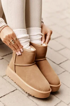 Boto Śniegowce Damskie*Skórzane Zamszowe Śniegowce Na Platformie Za Kostkę Camel Rianaella Brązowy