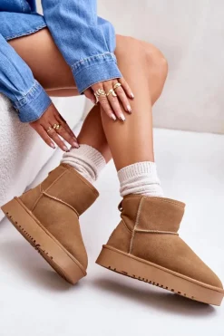 Boto Śniegowce Damskie*Skórzane Zamszowe Śniegowce Na Platformie Za Kostkę Camel Rianaella Brązowy