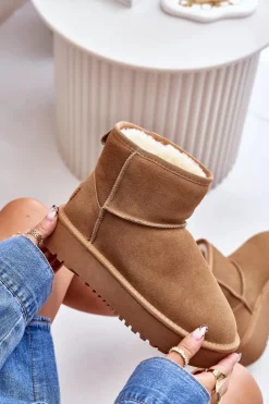 Boto Śniegowce Damskie*Skórzane Zamszowe Śniegowce Na Platformie Za Kostkę Camel Rianaella Brązowy