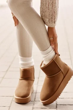 Boto Śniegowce Damskie*Skórzane Zamszowe Śniegowce Na Platformie Za Kostkę Camel Rianaella Brązowy