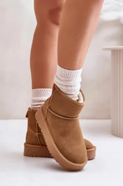 Boto Śniegowce Damskie*Skórzane Zamszowe Śniegowce Na Platformie Za Kostkę Camel Rianaella Brązowy