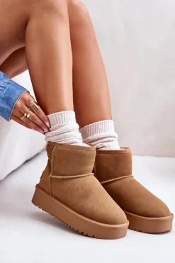 Boto Śniegowce Damskie*Skórzane Zamszowe Śniegowce Na Platformie Za Kostkę Camel Rianaella Brązowy