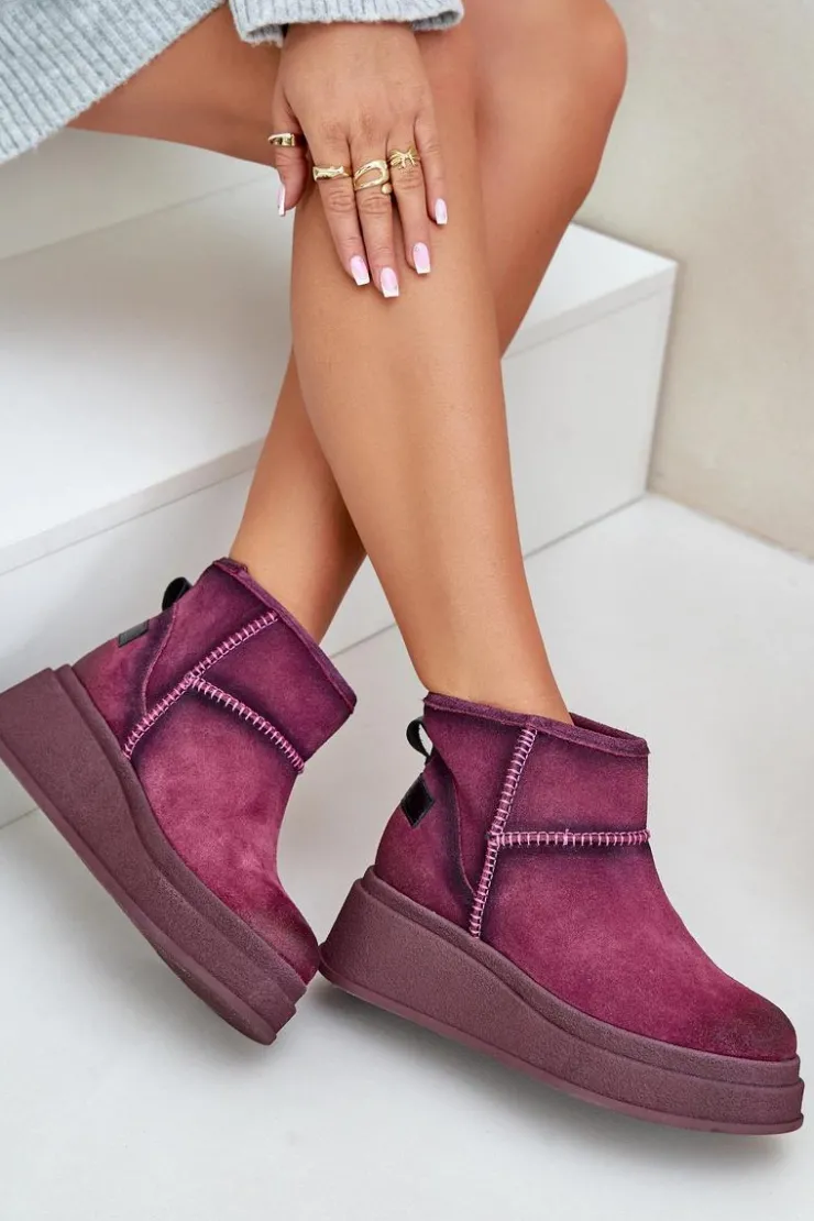 Maciejka Śniegowce Damskie*Skórzane Zamszowe Śniegowce Botki Na Platformie I Koturnie 06769-23 Bordowe