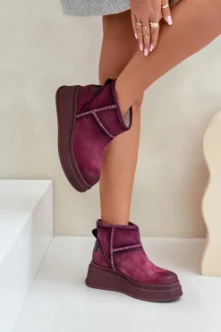 Maciejka Śniegowce Damskie*Skórzane Zamszowe Śniegowce Botki Na Platformie I Koturnie 06769-23 Bordowe
