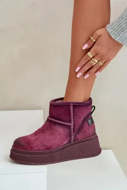 Maciejka Śniegowce Damskie*Skórzane Zamszowe Śniegowce Botki Na Platformie I Koturnie 06769-23 Bordowe