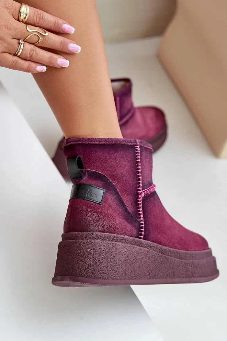 Maciejka Śniegowce Damskie*Skórzane Zamszowe Śniegowce Botki Na Platformie I Koturnie 06769-23 Bordowe
