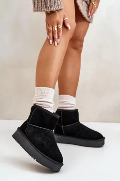 Damskie Boto Skórzane Zamszowe Śniegowce Na Platformie Za Kostkę Czarne Rianaella