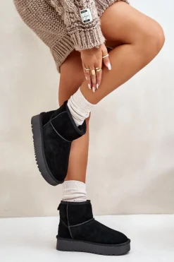 Damskie Boto Skórzane Zamszowe Śniegowce Na Platformie Za Kostkę Czarne Rianaella