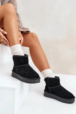 Damskie Boto Skórzane Zamszowe Śniegowce Na Platformie Za Kostkę Czarne Rianaella